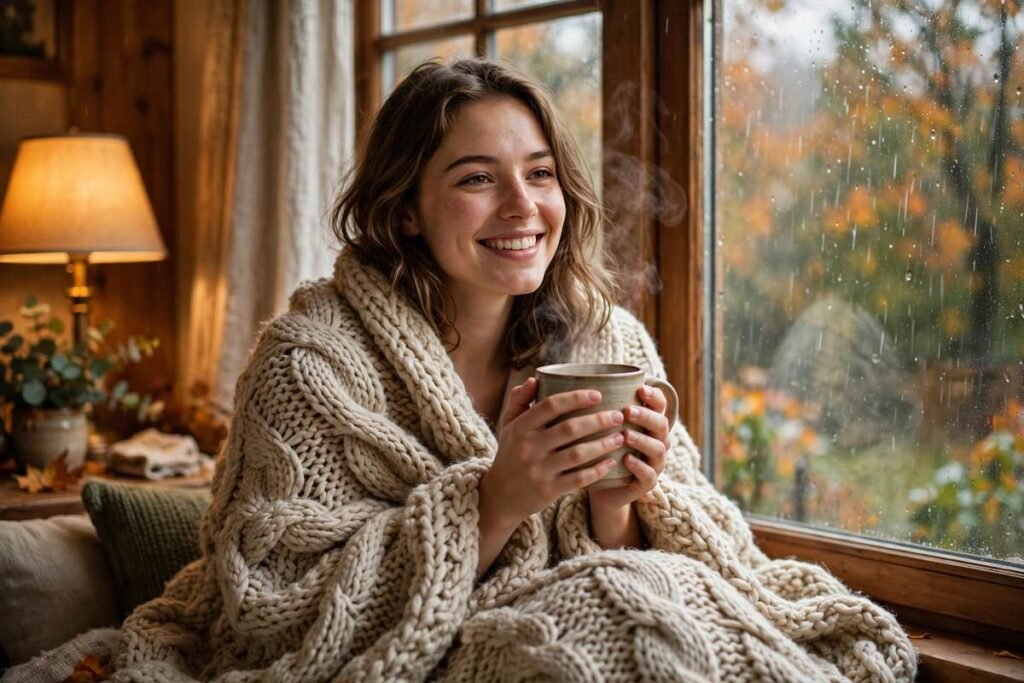 Smiling woman with warm drink wrapped in blanket by rainy window — cozy quotes