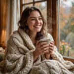 Smiling woman with warm drink wrapped in blanket by rainy window — cozy quotes