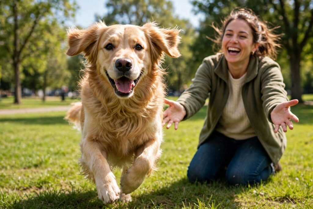 Dog quotes — happy golden retriever playing with its laughing owner in a sunny park