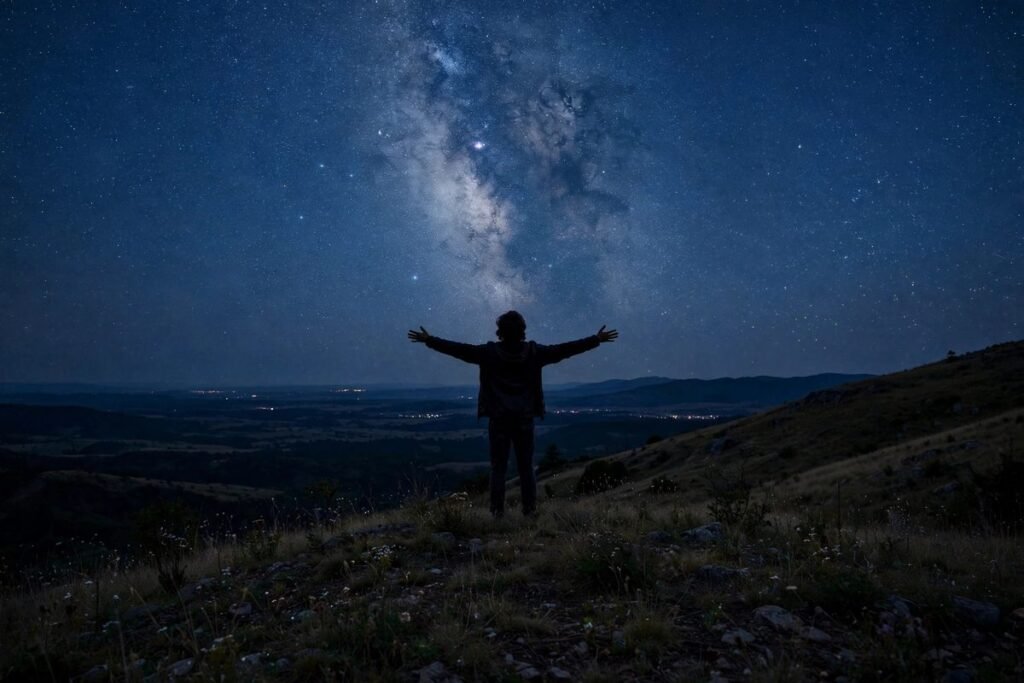 Person gazing at starry night sky for dream quotes