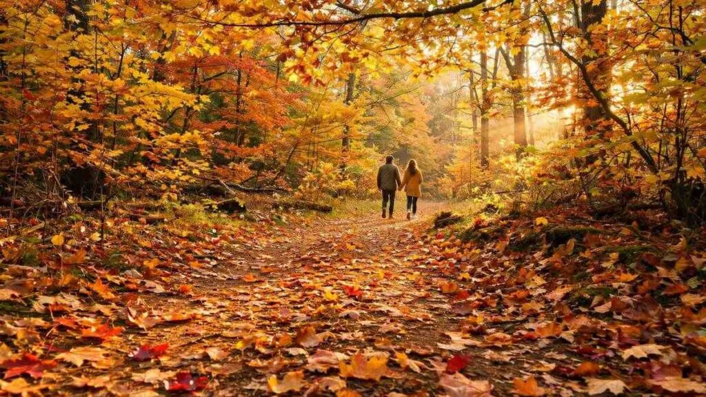 Golden autumn leaves falling on a forest path with sunlight — fall quotes