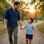 Father walking hand in hand with his young son along a park path at golden sunset, both smiling warmly — father quotes