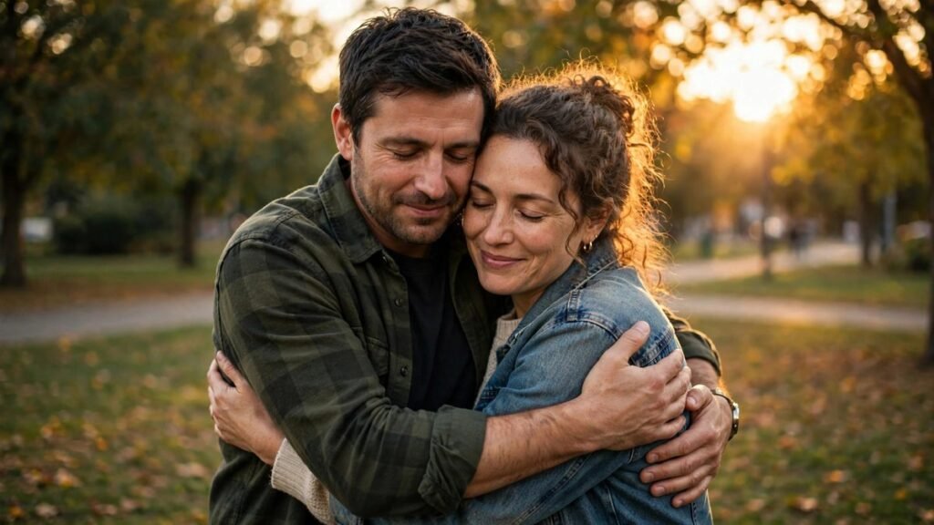 Forgiveness quotes — two people warmly reconciling in soft golden light