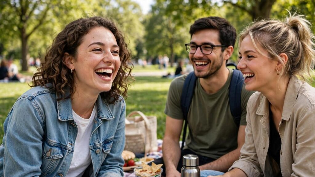 Friends laughing together in sunny park for happiness quotes