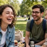 Friends laughing together in sunny park for happiness quotes