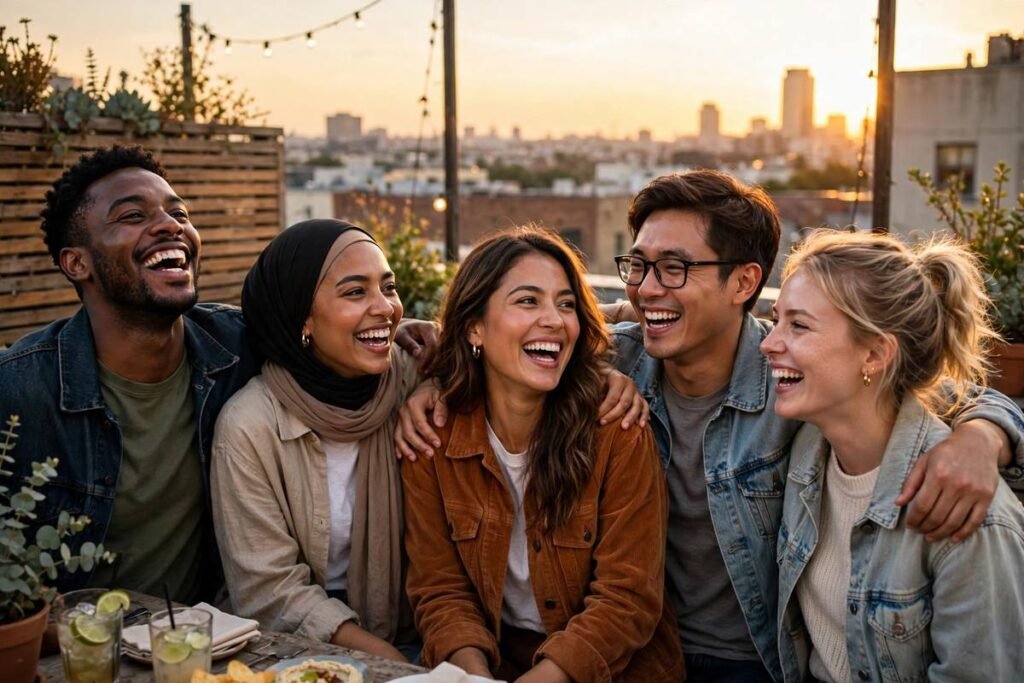 Happy friends laughing at sunset — happy Friday quotes