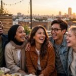 Happy friends laughing at sunset — happy Friday quotes