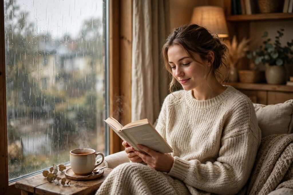 Introvert quotes — woman peacefully reading a book alone by a rainy window