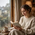Introvert quotes — woman peacefully reading a book alone by a rainy window