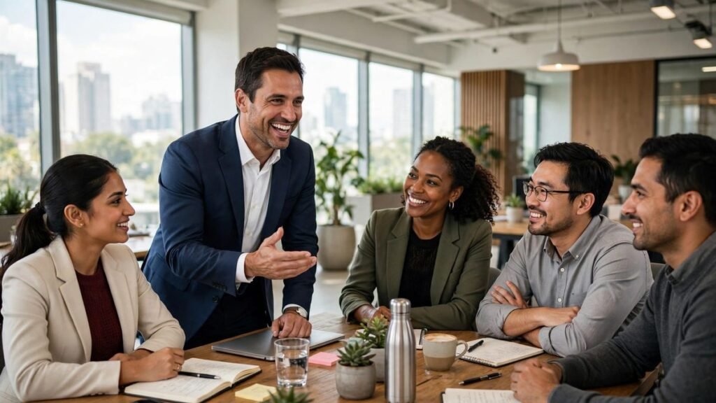 Confident leader addressing a diverse team in a bright office — leadership quotes