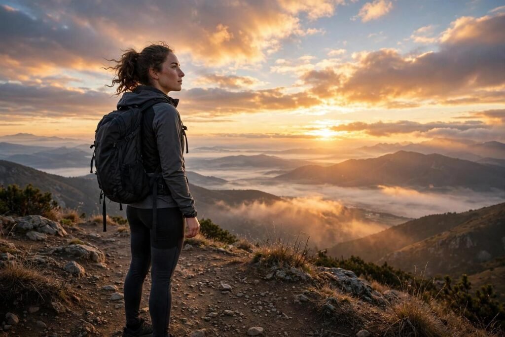 Mindset quotes — determined hiker at sunrise looking toward the glowing horizon