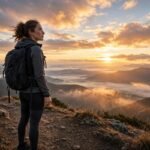 Mindset quotes — determined hiker at sunrise looking toward the glowing horizon