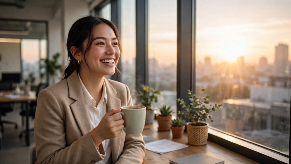 Smiling young professional woman holding a cup of coffee by a large office window at sunrise, city skyline behind her — monday quotes
