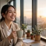 Smiling young professional woman holding a cup of coffee by a large office window at sunrise, city skyline behind her — monday quotes