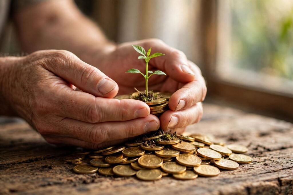 Hands holding a plant growing from coins on a wooden desk — money quotes