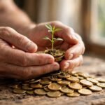 Hands holding a plant growing from coins on a wooden desk — money quotes