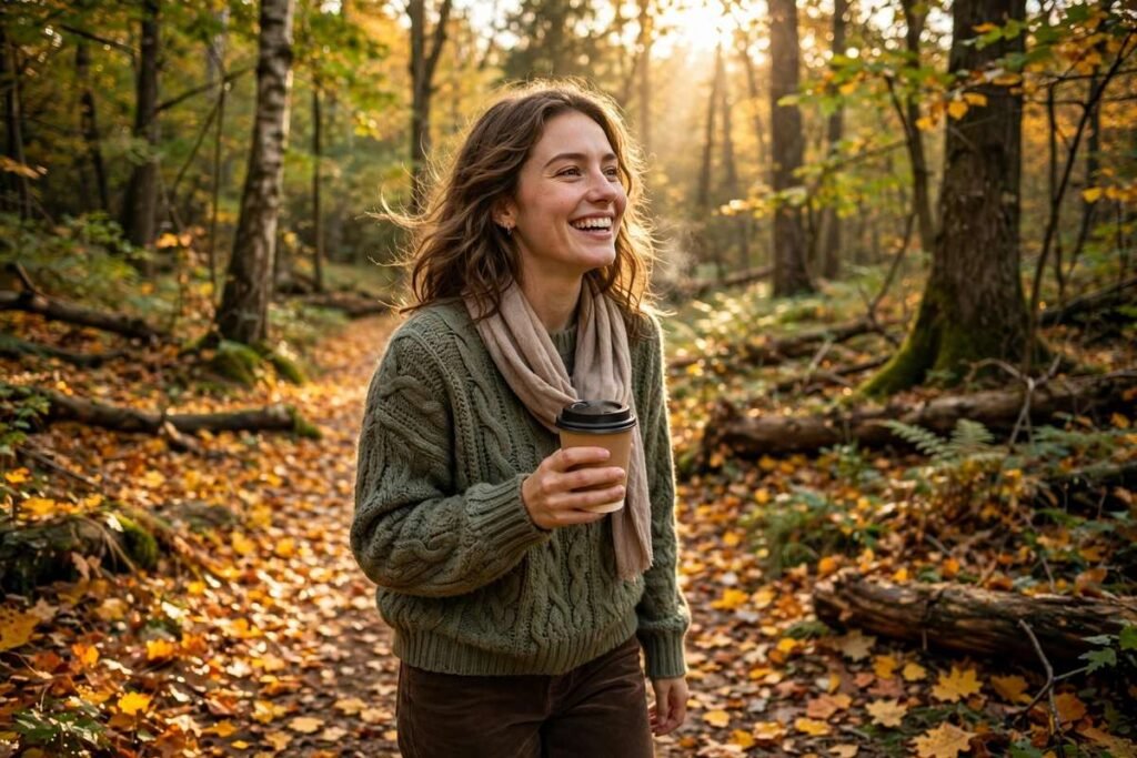 Woman walking through golden autumn leaves — October quotes