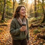 Woman walking through golden autumn leaves — October quotes
