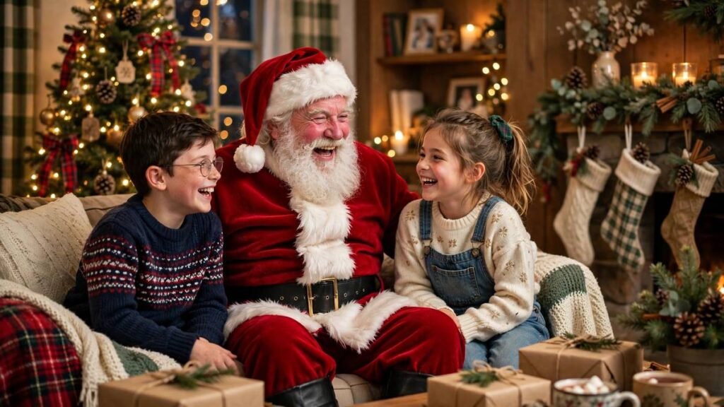 Joyful Santa Claus laughing with two happy children in a cozy Christmas living room with a glowing tree and warm lights — santa quotes