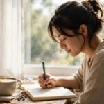 Young woman writing thoughtfully in a journal by a bright sunny window with a cup of coffee beside her — short quotes