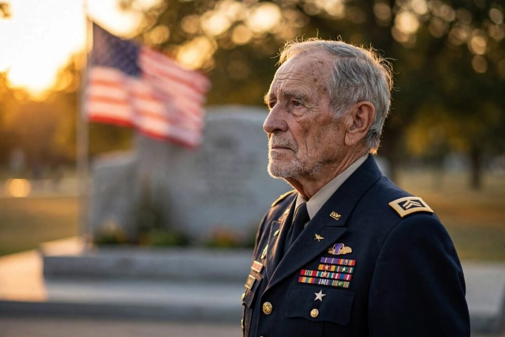 Elderly veteran in uniform at a memorial with American flag — veterans day quotes