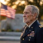 Elderly veteran in uniform at a memorial with American flag — veterans day quotes