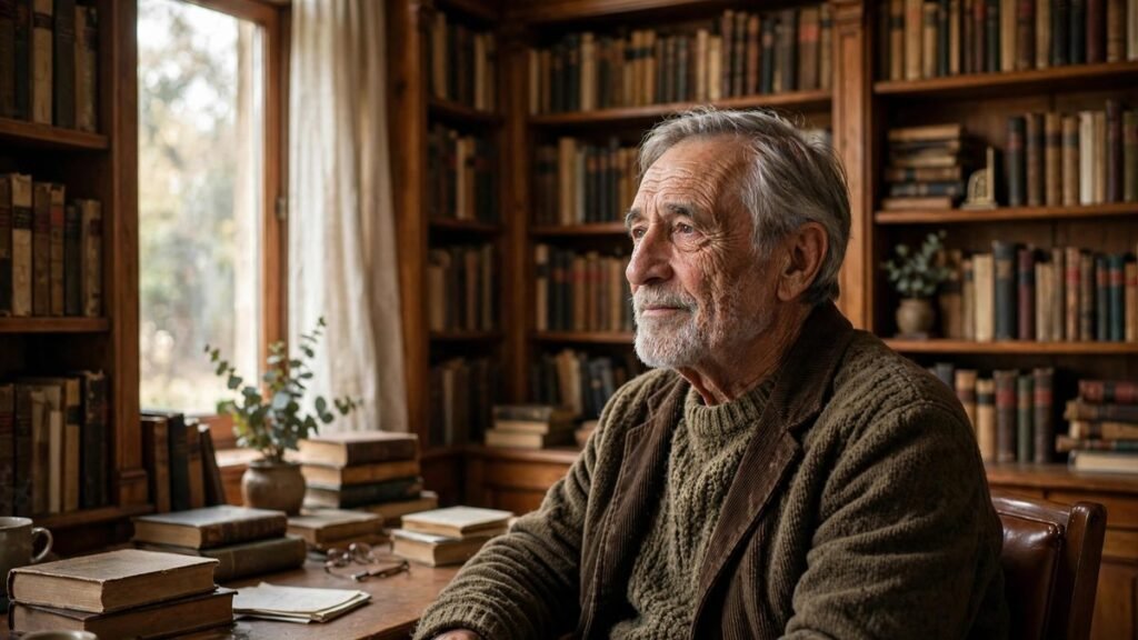 Wise elderly man in library for wisdom quotes