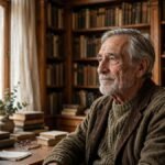 Wise elderly man in library for wisdom quotes