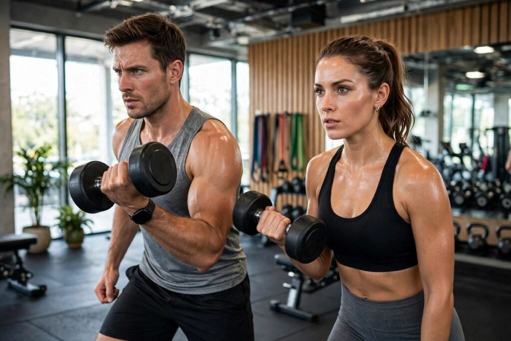 Athletic man and woman training with dumbbells in a bright modern gym, focused and determined expressions — workout quotes